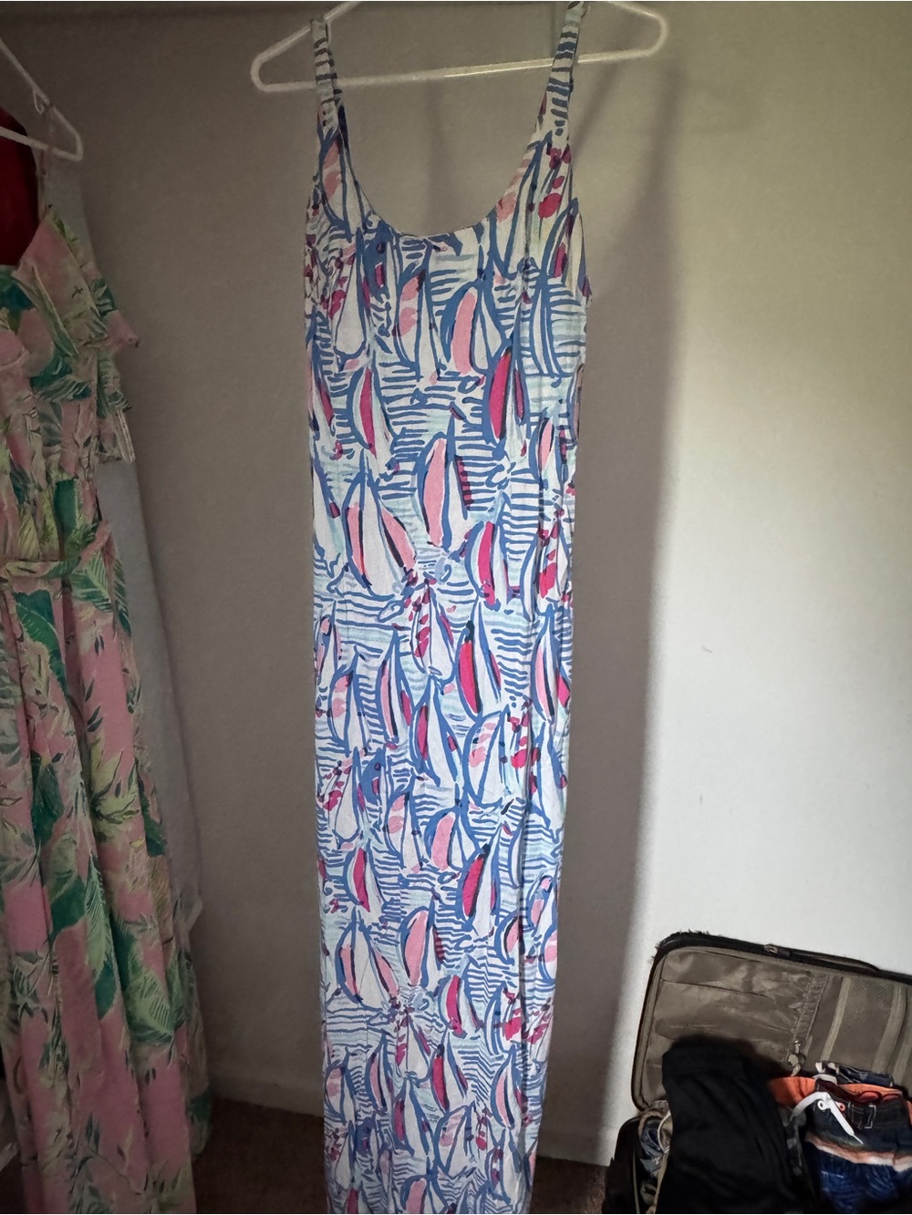 Lilly Pulitzer White Maxi Dress with Pink & Blue Sail Print